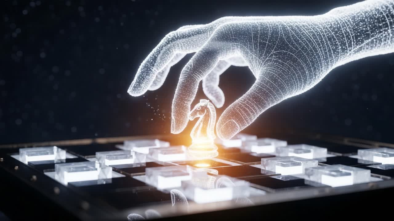 A Digitally Rendered Chess Game Where a Futuristic Hand Interacts with an Illuminated Knight Piece, Symbolizing Strategy and Technology in Modern Board Gaming