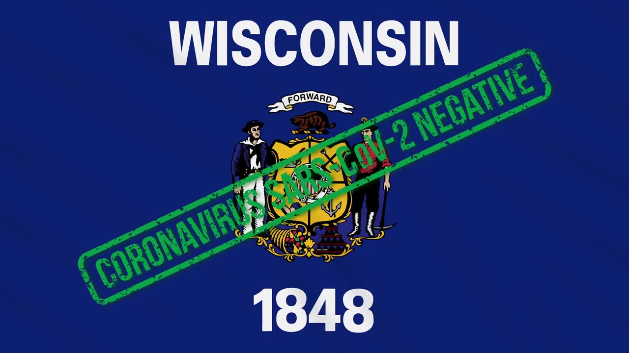 el estado estadounidense de wisconsin balanceando la bandera con sello verde de libertad del coronavirus, bucle