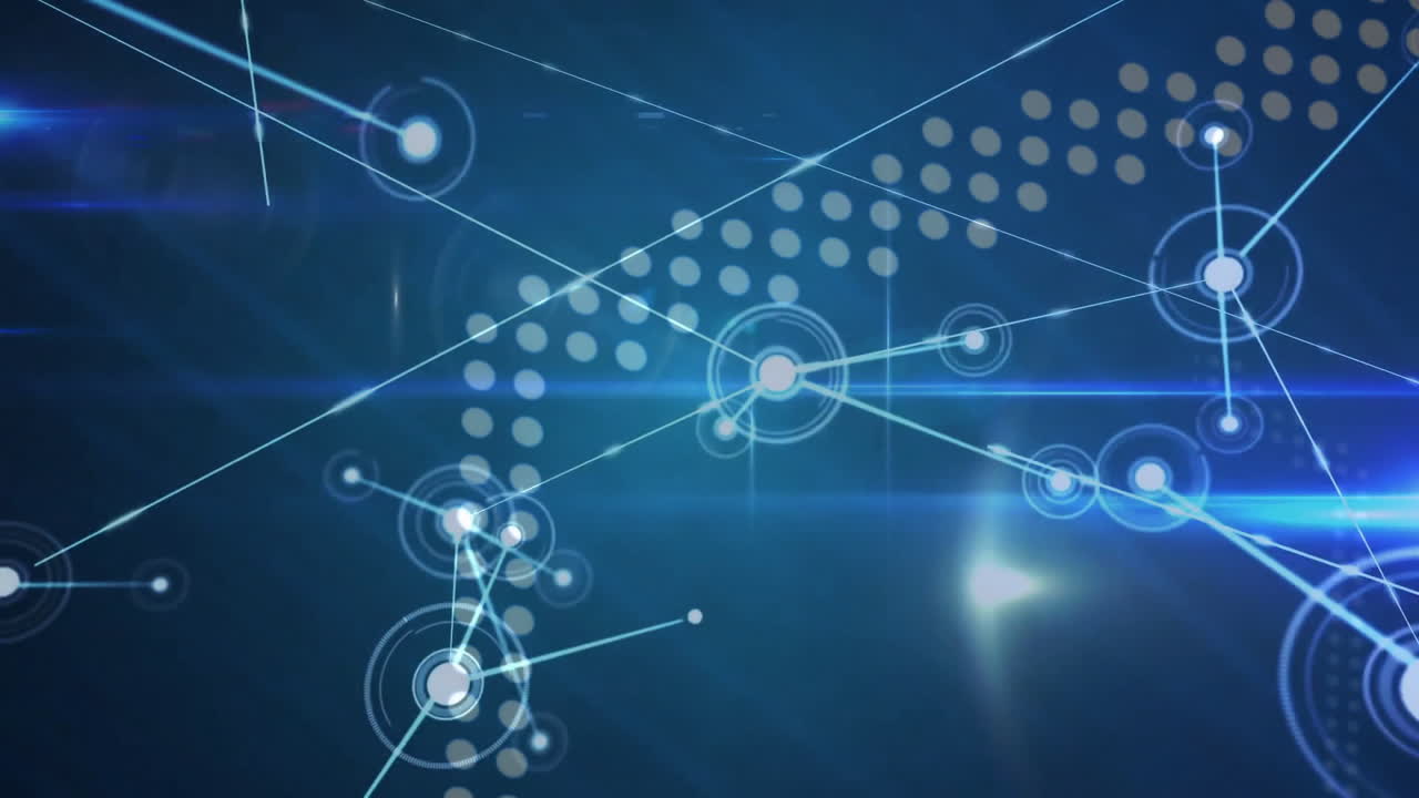 Animation of network of connections and data processing over dark background