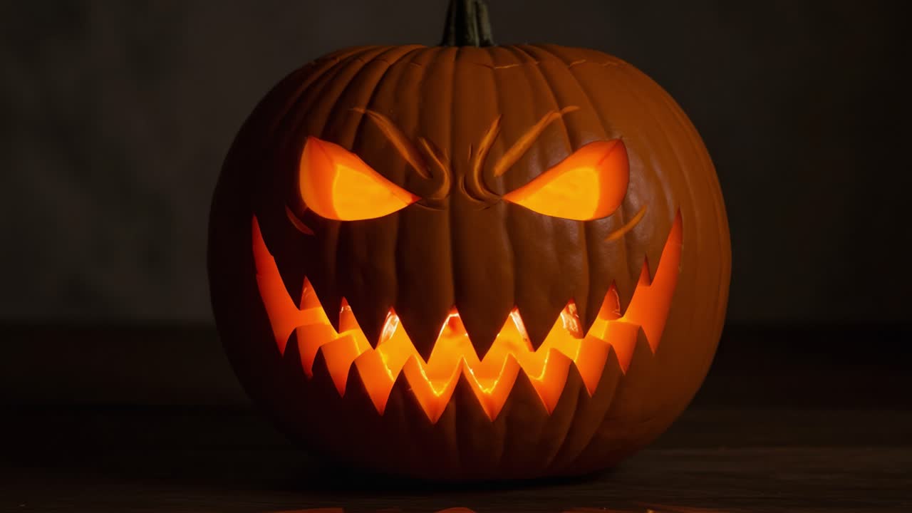 A Spooky Halloween Pumpkin: A Glowing Jack-o'-Lantern with Menacing Expression Set Against a Dark Background, Perfectly Capturing the Spirit of the Halloween Season