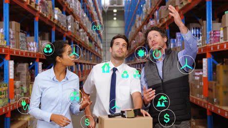 animation of eco icons and data processing over diverse people working in warehouse