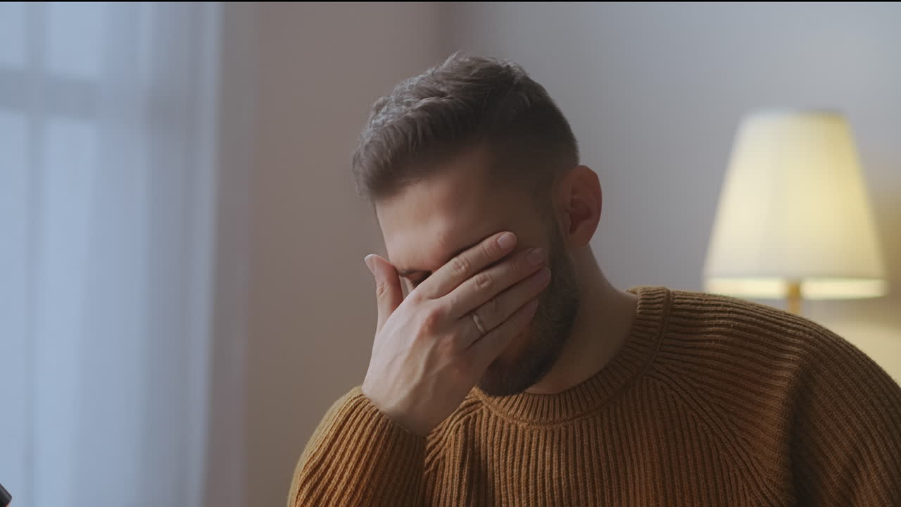 cansancio después de trabajar con la computadora portátil en casa el hombre está tomando un descanso cerrando la portada del cuaderno y masajeando ojos cansados retrato filmado en el interior