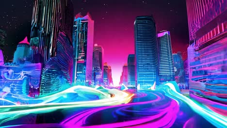 futuristic cityscape illuminated by neon waves flowing through vibrant streets at night, creating a dynamic urban atmosphere