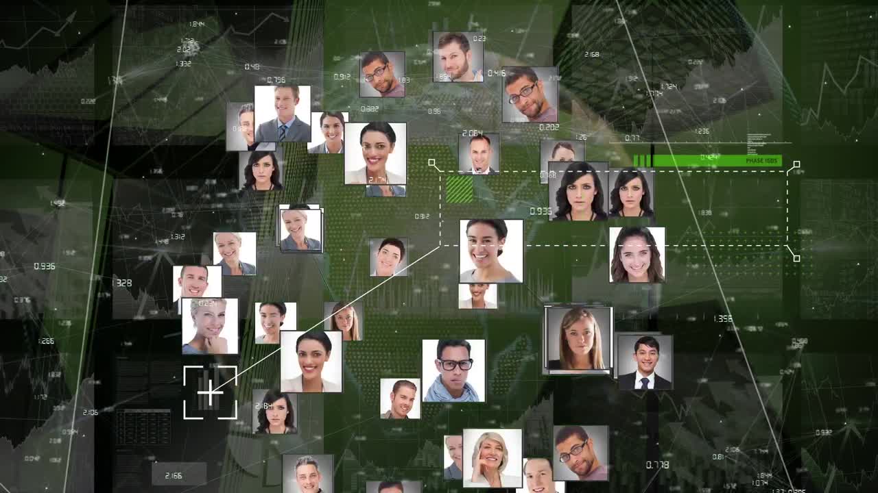 animación de diversos retratos de personas en todo el mundo y procesamiento de datos