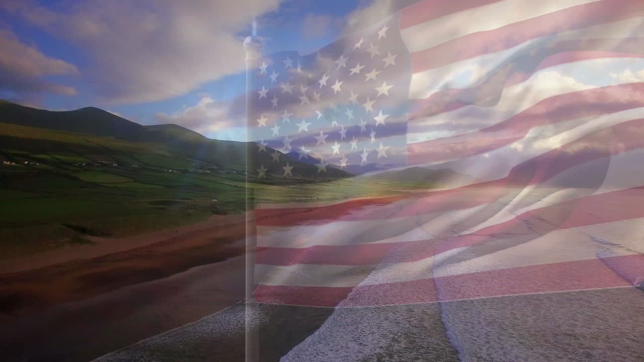 composición digital de agitarnos la bandera contra la vista aérea de la playa y las olas del mar