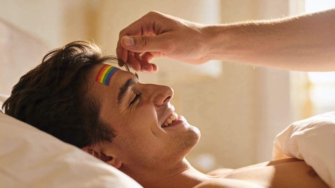 Smiling shirtless man in bed, hand-from-right tucking hair near rainbow sticker, caring, copy space