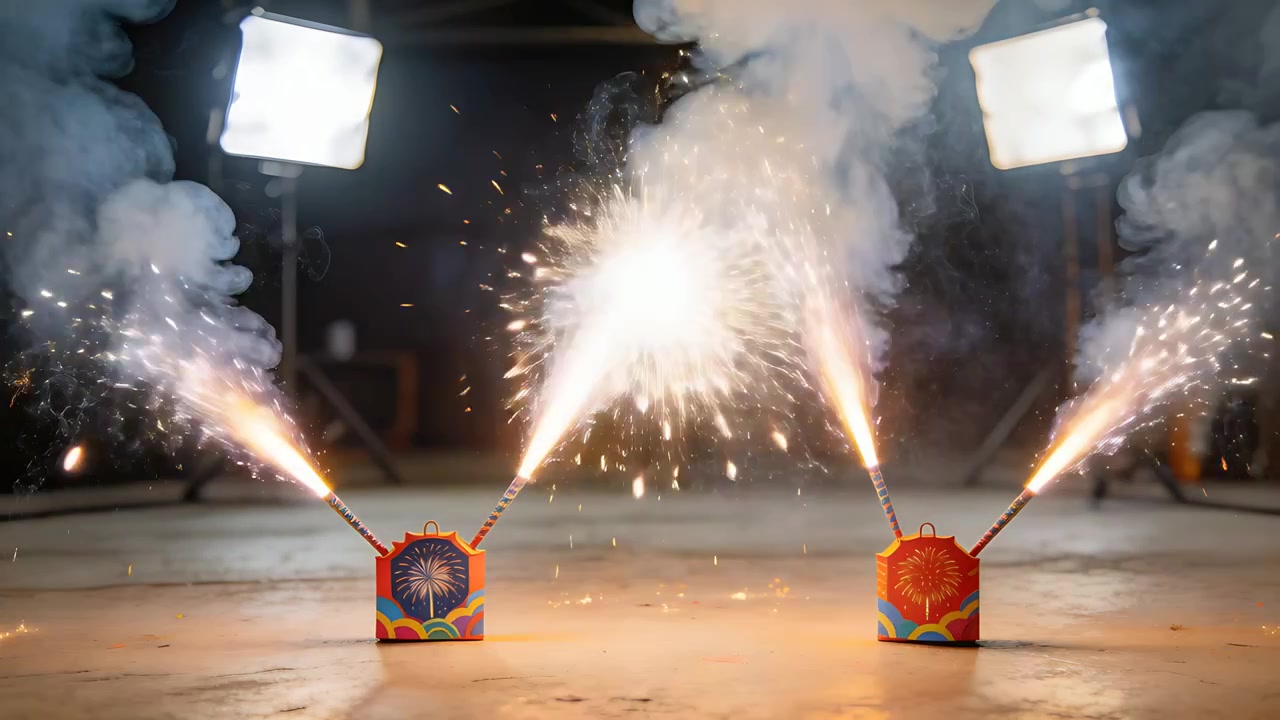 Igniting two fountain boxes emitting sparks for testing on workshop floor with LEDs