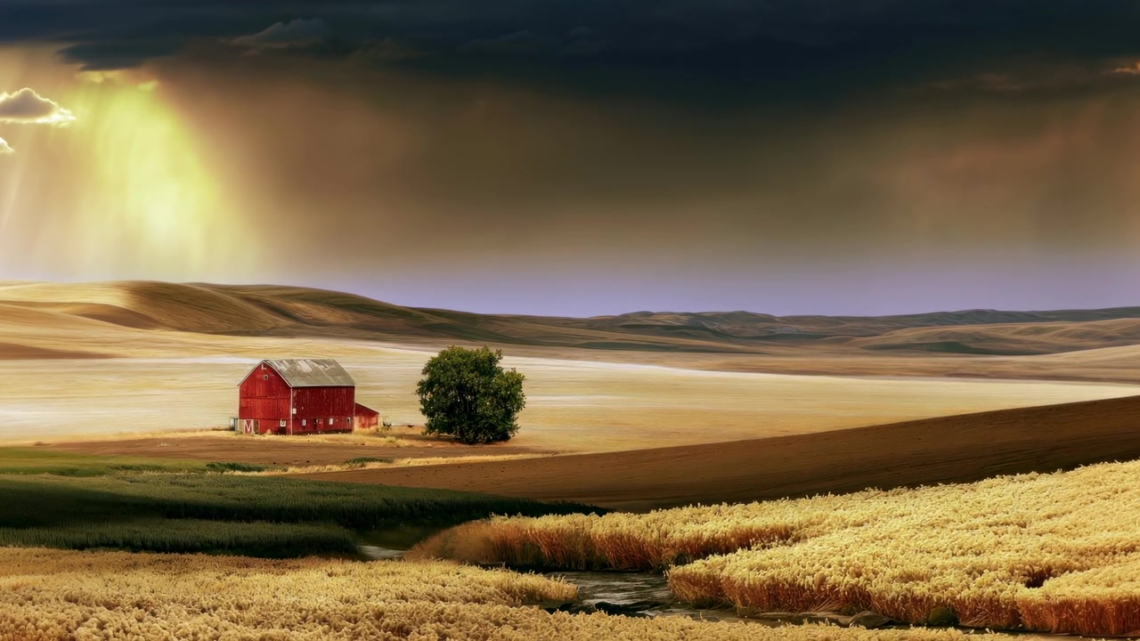 Red Barn in Golden Wheat Field Under Stormy Sky