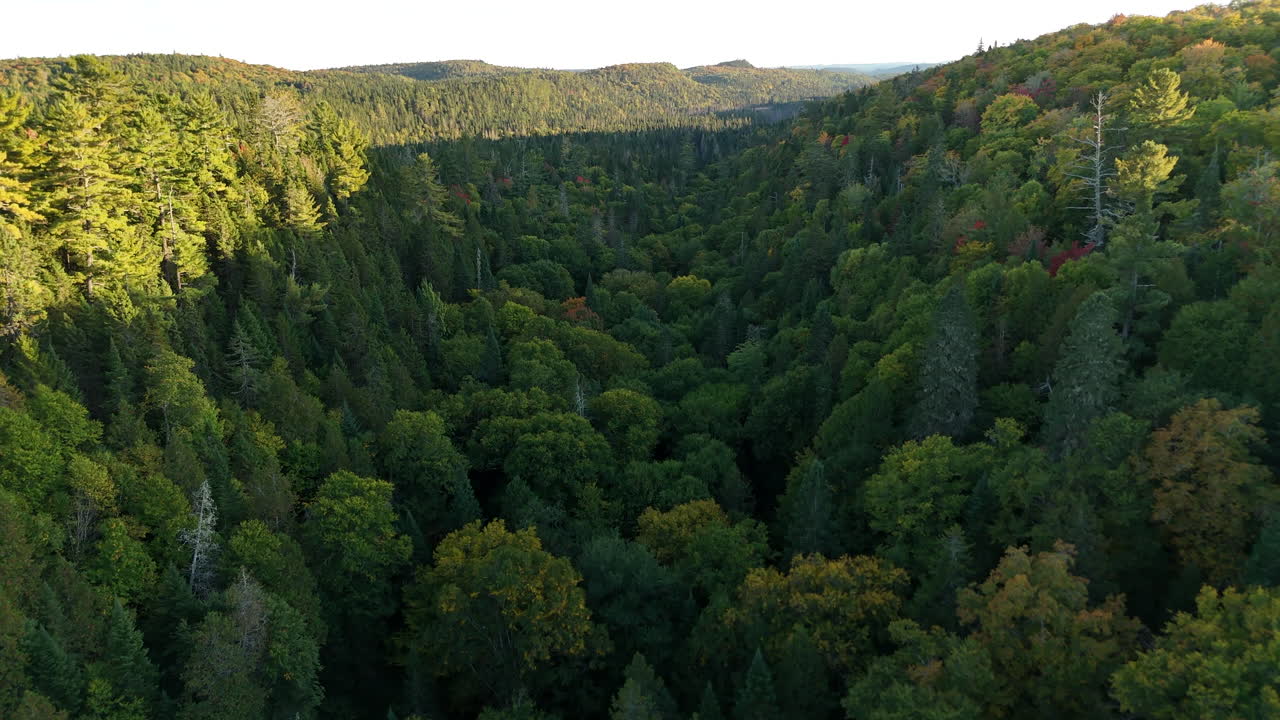 Aerial drone shot of a sunset over a calm lake and dense forest in Mauricie, Quebec, Canada. Warm evening colors illuminate the peaceful wilderness