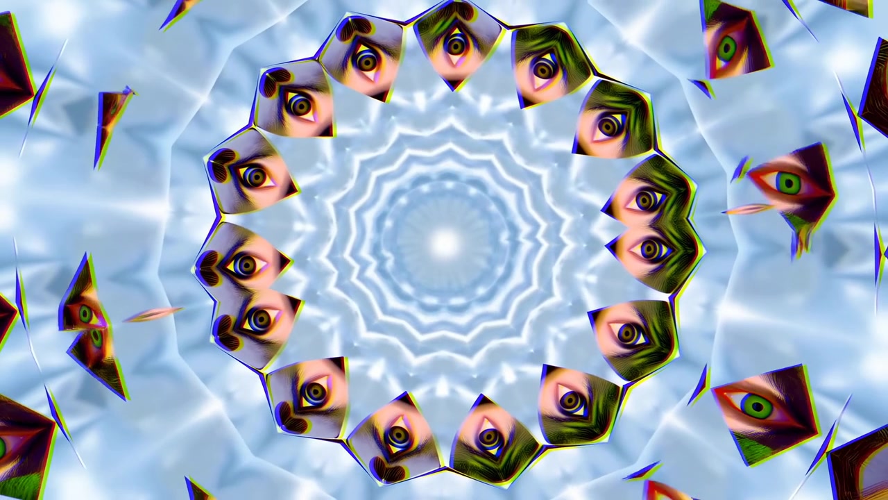 Circular ring of polygon tiles containing stylized human eyes with bright green irises changes shape around glowing center, tightening into compact facets then expanding into wider symmetrical pattern