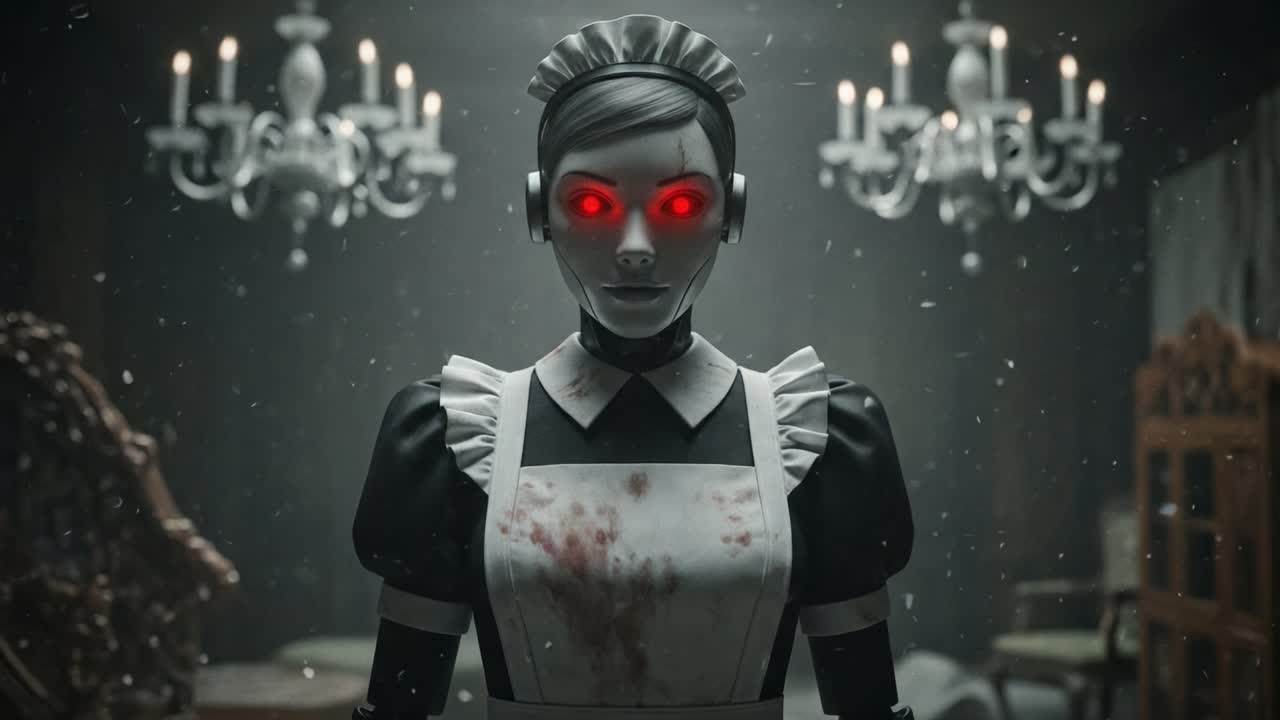 An eerily unsettling robotic maid with glowing red eyes stands hauntingly in a dimly lit room, creating a chilling atmosphere with its blood-stained attire amidst opulent decorations.