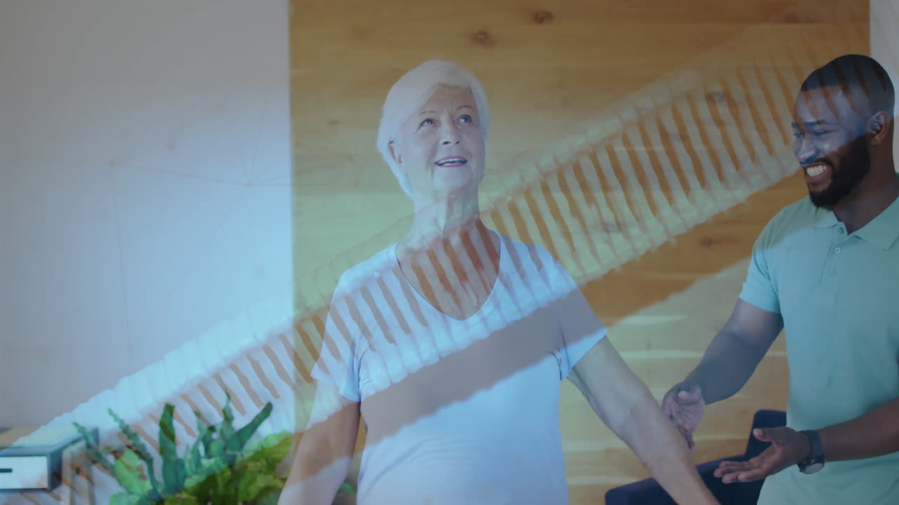 Elderly woman exercising with assistance, overlaid with fitness data animation