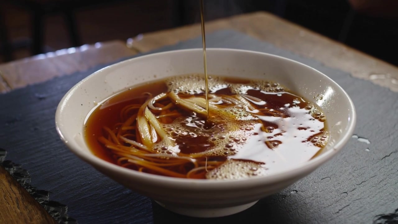 Versando un flusso dorato in una ciotola di ceramica con brodo scuro e noodles su una tovaglietta di ardesia, insaporendo.