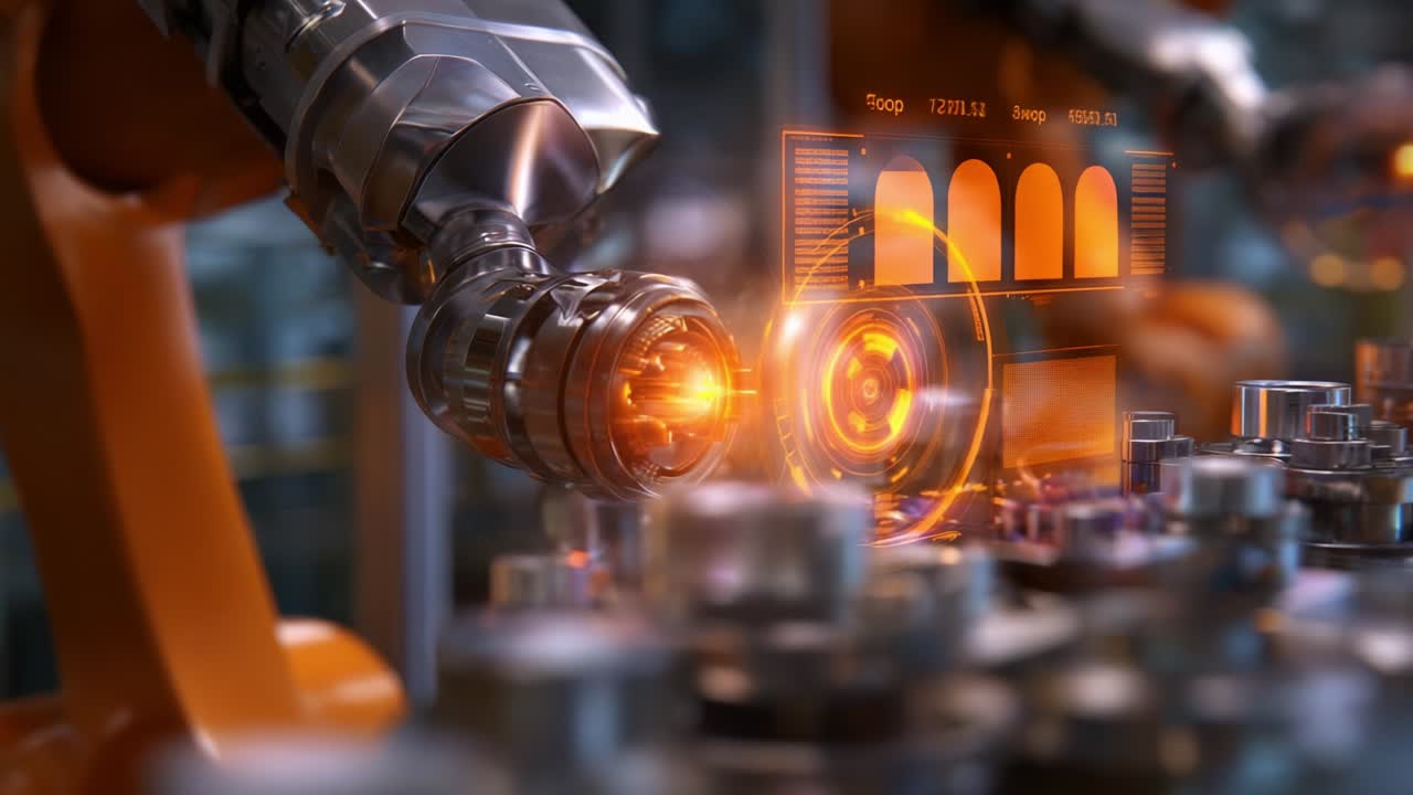 Advanced Robotic Arm Engaging in Precision Engineering with Dynamic Interaction Between Digital Interfaces and Mechanical Components in a Futuristic Manufacturing Environment