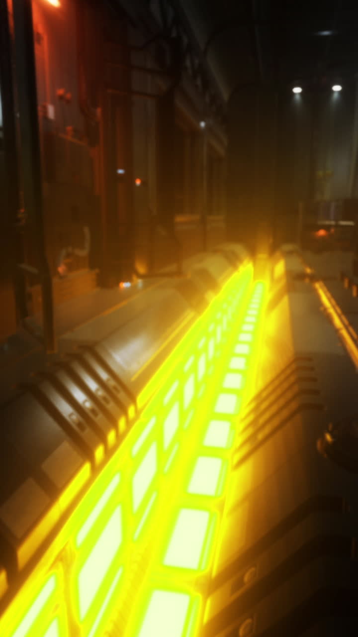 Futuristic industrial setting illuminated by glowing neon lights at night