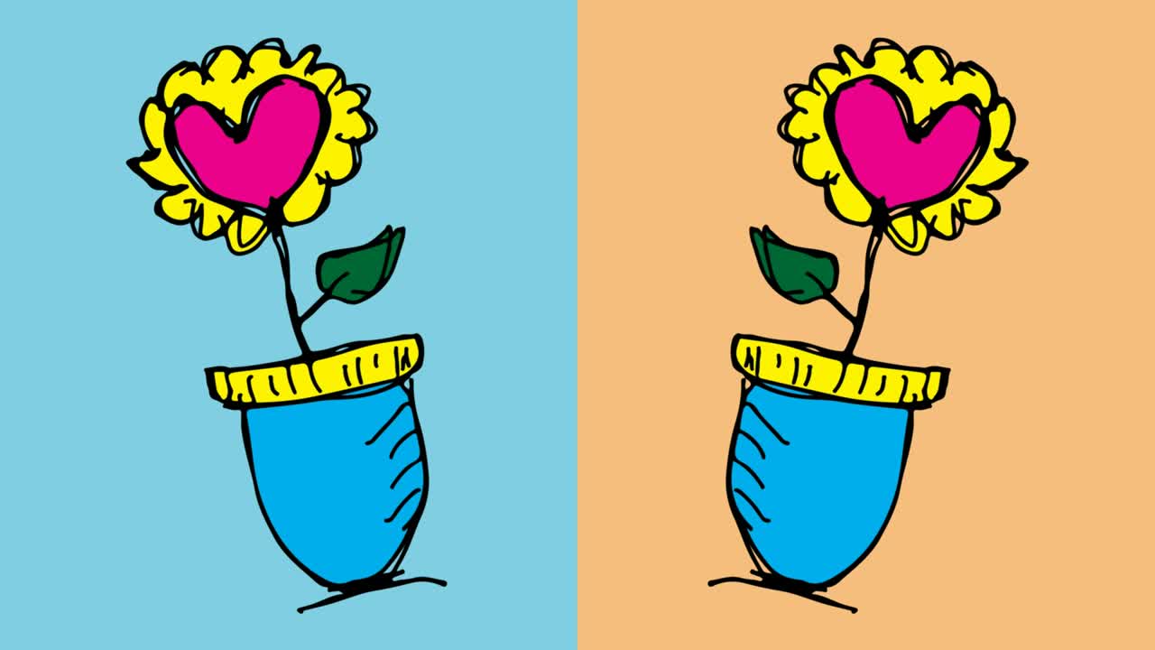 아이들이 팝 아트 그림을 그리는 꽃 사랑의 주제로 매이지 않는 배경