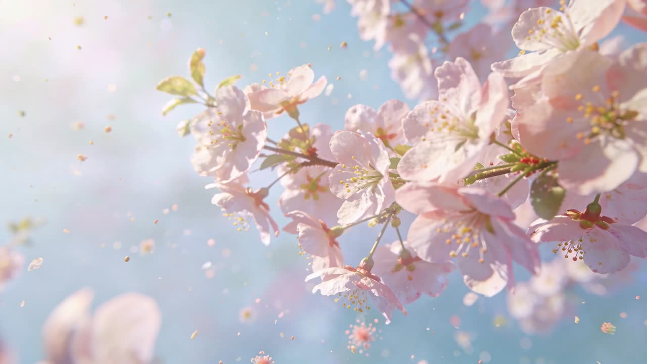 青空を背景に淡いピンクの花々がそよ風に揺れ、カメラが移動しながら舞い散る花びらを映し出す