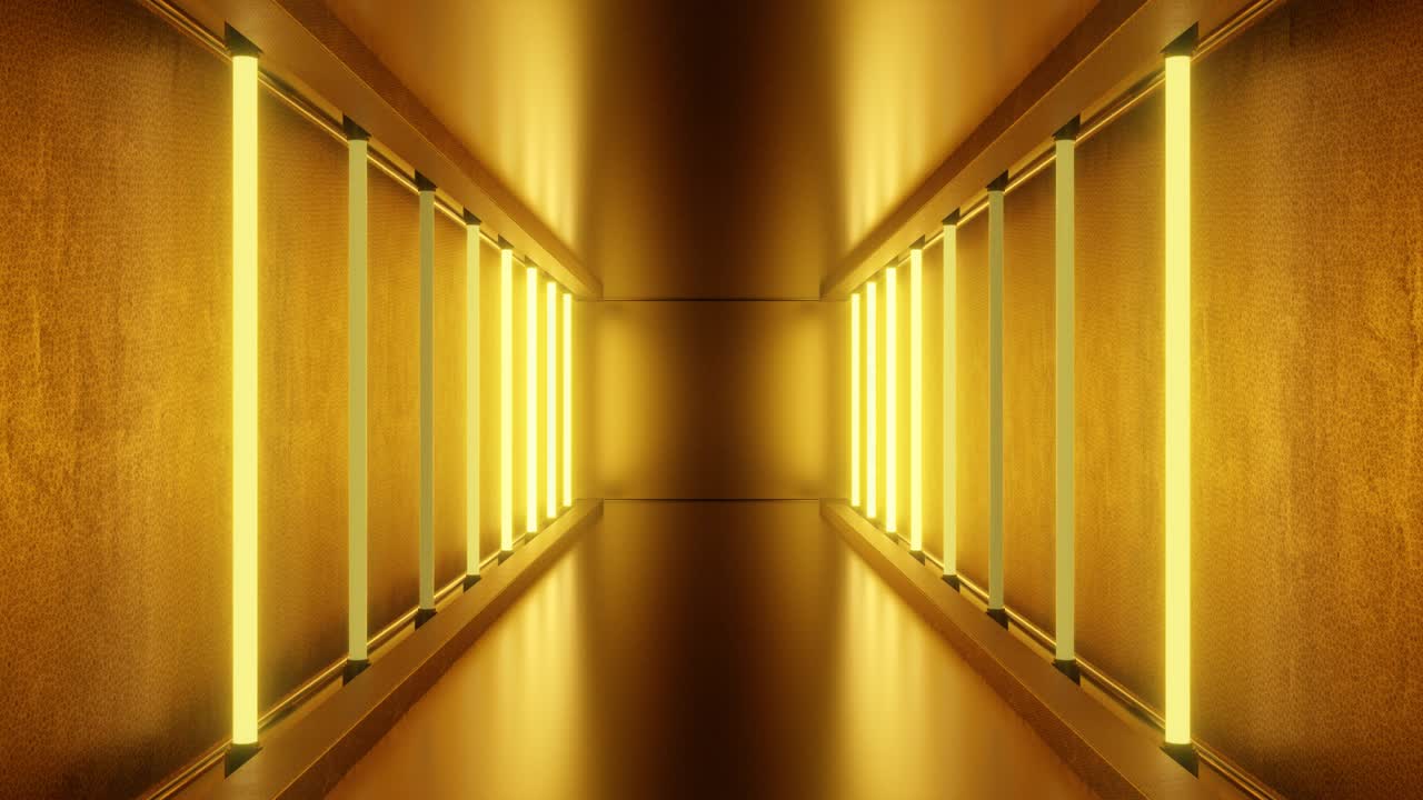 네온 불빛의 아름다운 황금 터널 홀 반이는 반사 빛나는 - 4k 원활한 vj 루프 모션 배경 애니메이션