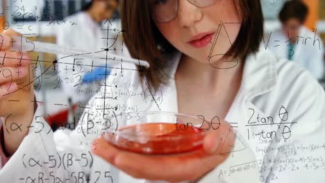 Animation-of-mathematical-equations-on-caucasian-girl-performing-experiment-in-laboratory-at-school