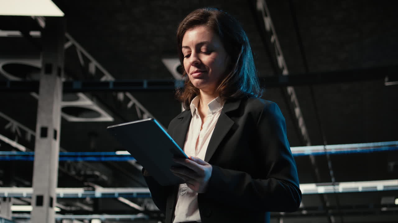 Programmatore di Data Center che monitora sistemi di automazione industriale utilizzando un tablet