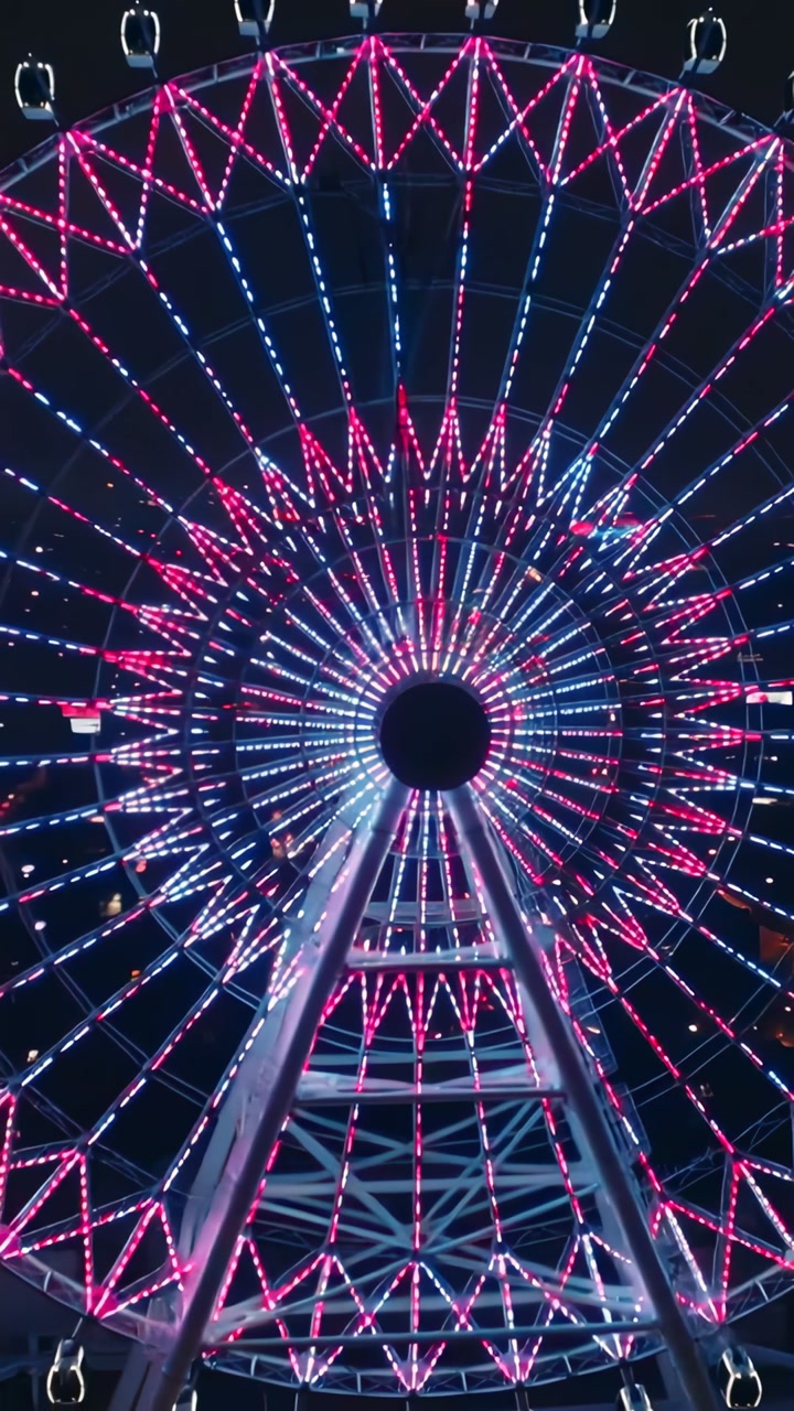 Vertical video: Rotating blue-lit wheel turning with motor running at waterfront, gondolas moving