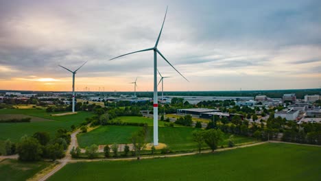 aerial hyper lapse of wind turbines in urban area