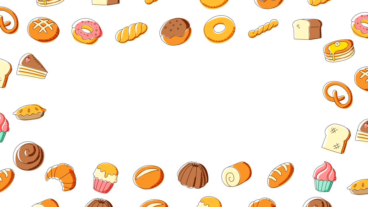 panadería en movimiento patrón de marco de remolino fondo dibujos animados ilustración de dibujo a mano aislado en fondo blanco animación de bucle sin costuras 4k, con espacio de copia central