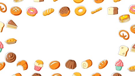 panadería en movimiento patrón de marco de remolino fondo dibujos animados ilustración de dibujo a mano aislado en fondo blanco animación de bucle sin costuras 4k, con espacio de copia central