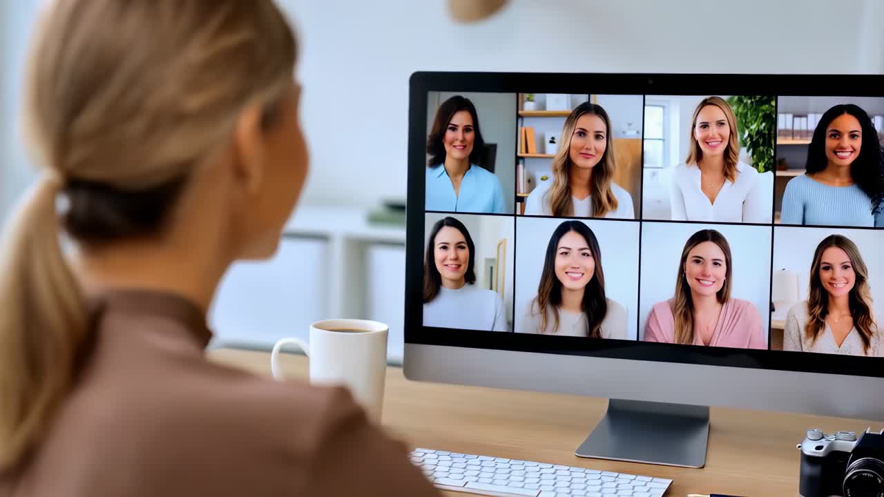 Female person on a video call using a computer desk in a cozy home office setup.