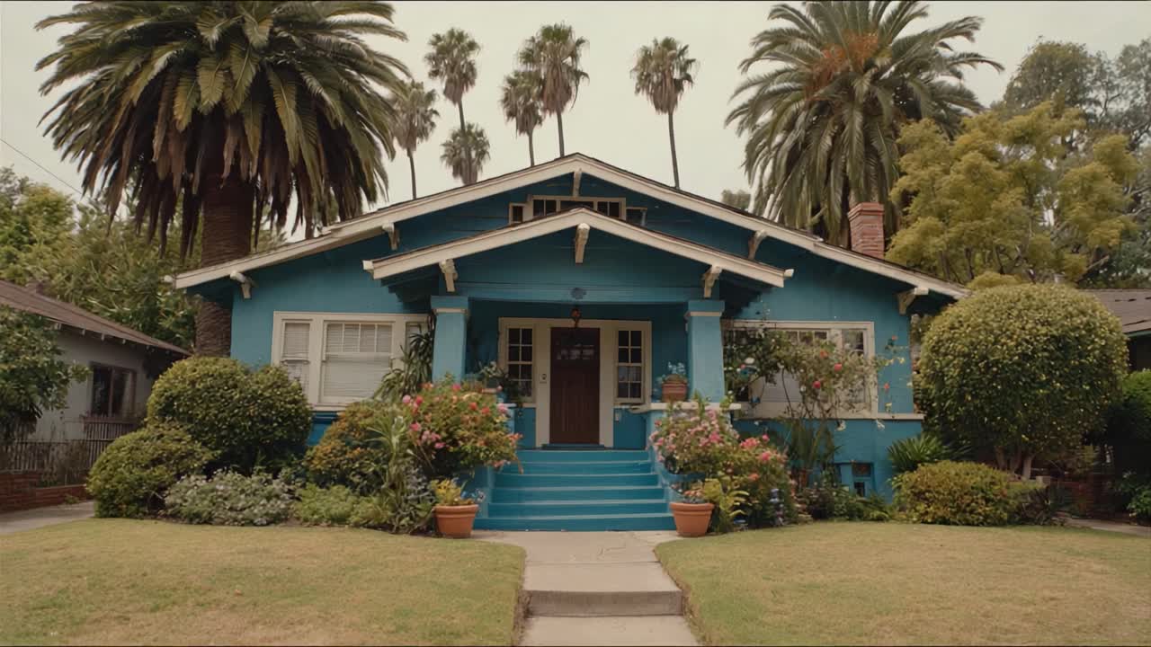 Uma Vista Cativante de uma Casa Azul Vibrante Rodeada por Vegetação Exuberante e Palmeiras, Exalando Charme e uma Atmosfera Acolhedora em um Bairro Sereno