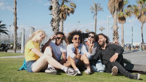 laughing friends taking selfie on meadow