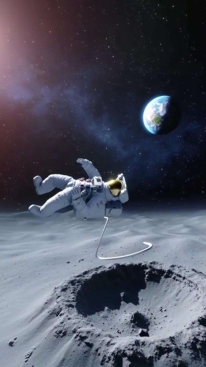 Astronaut Floating Above Lunar Surface With Earth in Background