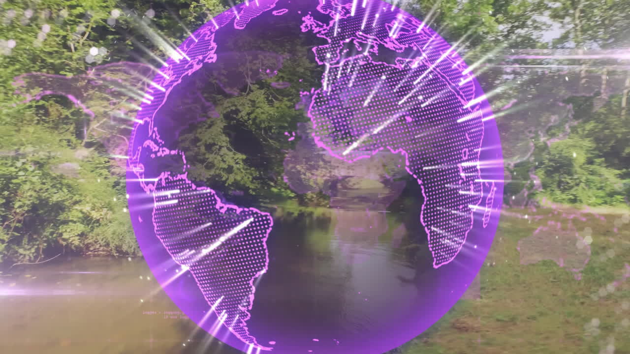 Digital globe hologram floating over woodland stream, emitting purple light beams around continents