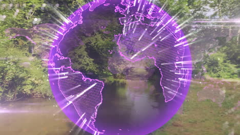 digital globe hologram floating over woodland stream, emitting purple light beams around continents