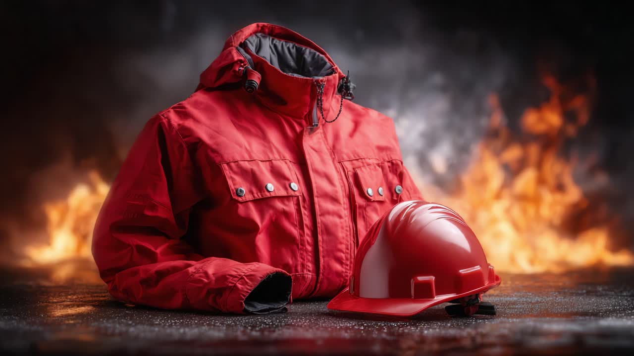 Uma imagem marcante mostrando um vibrante casaco de segurança vermelho e chapéu contra um cenário dramático de chamas, enfatizando a importância da proteção contra incêndio e segurança do trabalhador