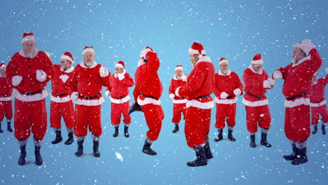video composition with falling snow over group  santas dancing