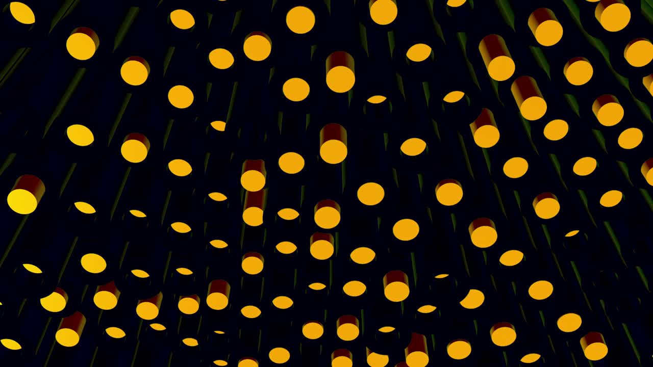 검은 바탕에 노란색 원을 가진 추상적인 3d 예술