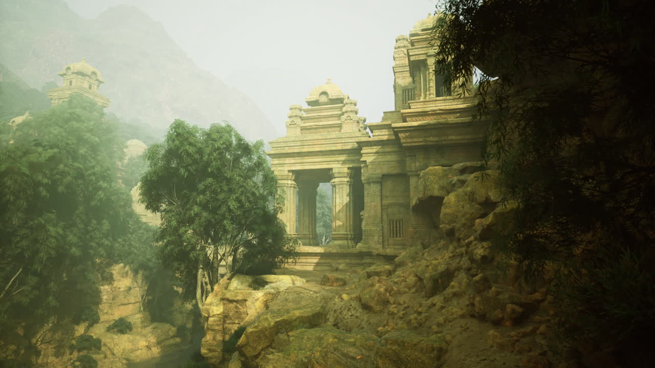Ancient temple ruins embraced by lush greenery in a misty landscape