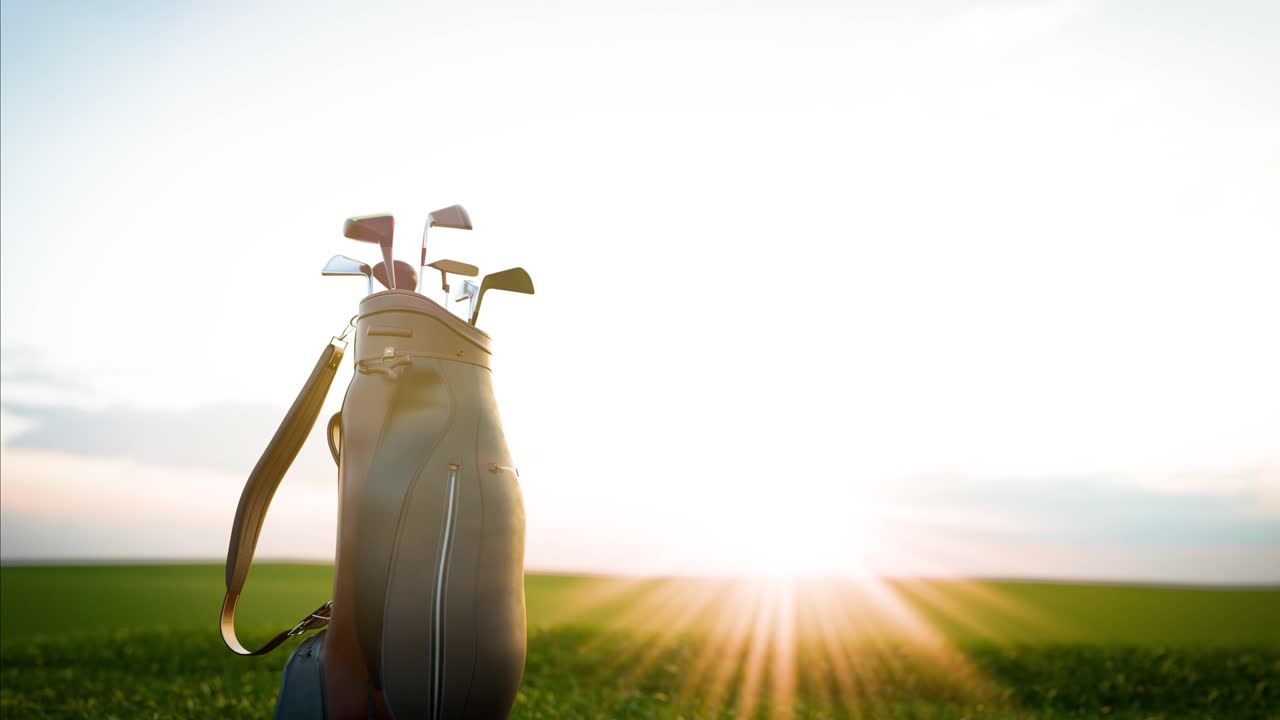 Golftas met clubs op een groene golfbaan bij zonsondergang