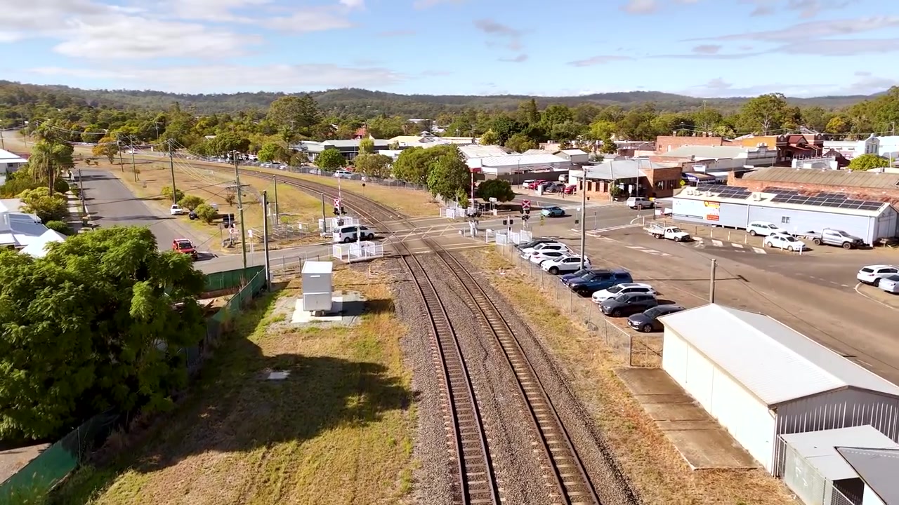 An aerial shot of the railway line at Laidley in the Lockyer Valley in Australia