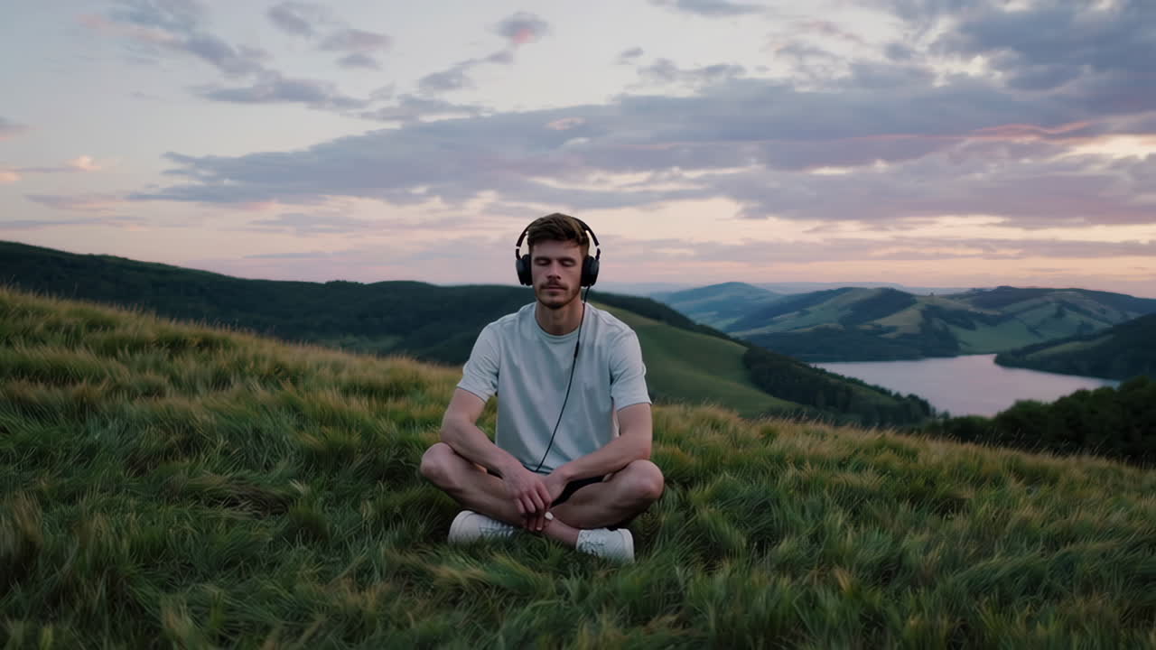 Man Relaxing in Nature with Headphones