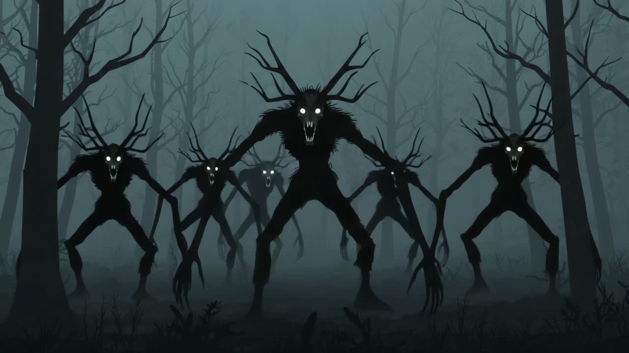 A chilling night in an eerie forest as ominous shadow creatures with glowing eyes emerge, creating an atmosphere of dread and suspense in the haunting wilderness