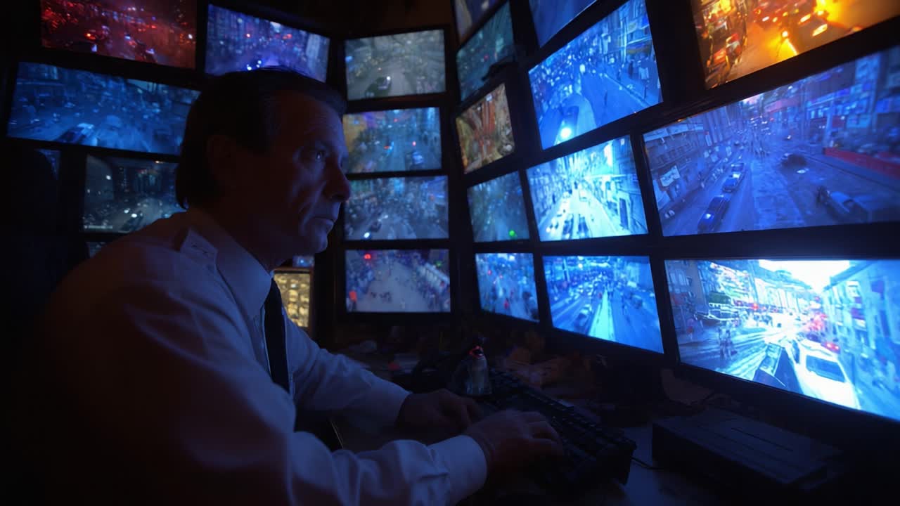 A Vigilant Observer Analyzing Multiple Surveillance Screens in a Dimly Lit Control Room, Monitoring Urban Traffic and Activity in Real Time