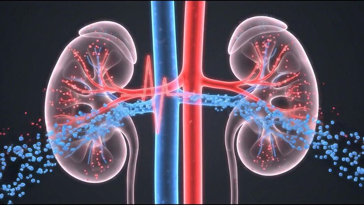 Realistic 3D human kidneys pair on dark background