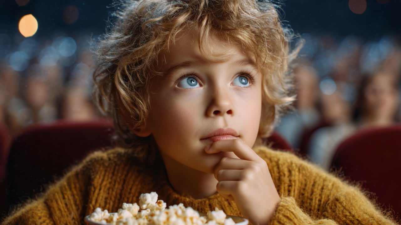 A Young Moviegoer's Enthralled Expression: Capturing the Awe of a Child Watching a Film in a Theater, Surrounded by a Sea of Audience Lights and Popcorn