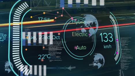 Animation-of-electric-car-and-data-processing-over-globes