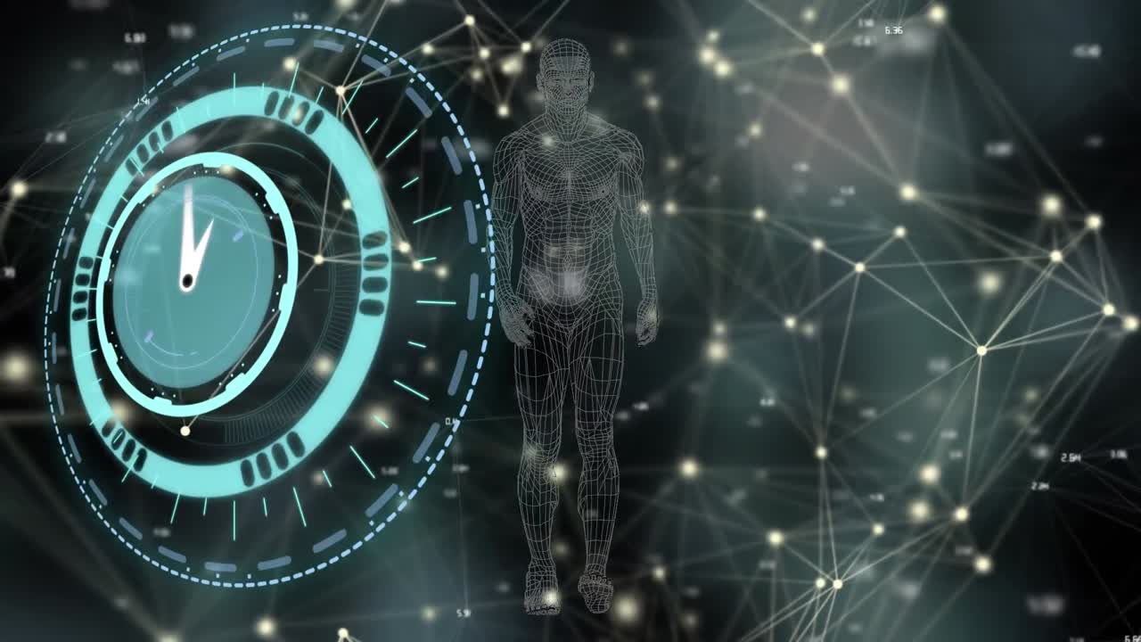 Animation of moving clock over black background with human model and network of connections