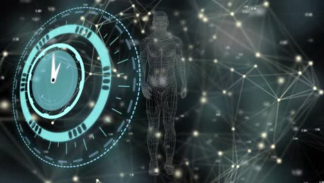 Animation-of-moving-clock-over-black-background-with-human-model-and-network-of-connections