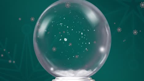 animation of christmas snow globe with snow falling on green background