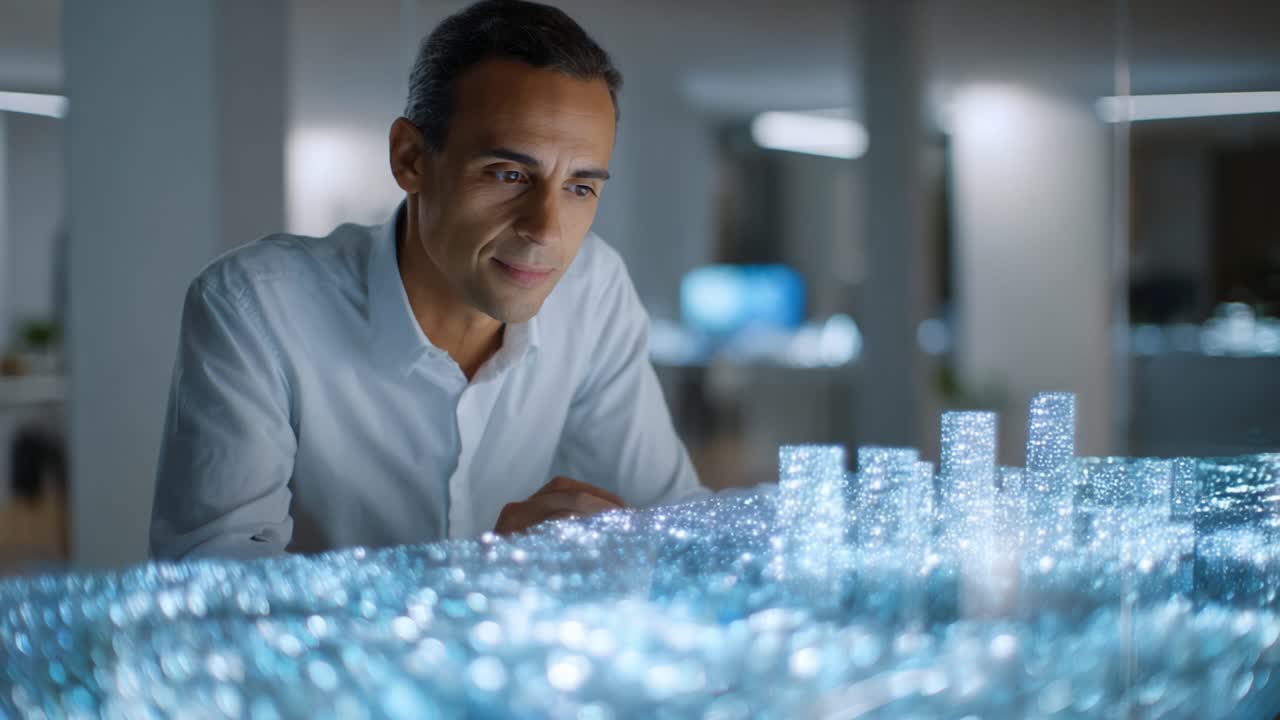 Un individuo concentrato analizza un modello digitale dettagliato di una città, illuminato da luci scintillanti, esplorando il design urbano e la tecnologia in un ambiente moderno